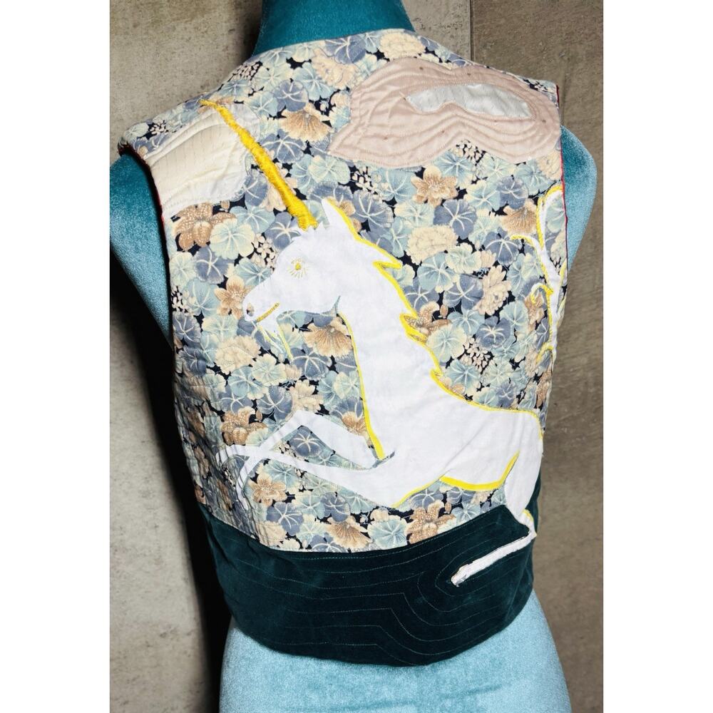 VTG 80s Handmade Unicorn Magic Vest sz S Wearable Art Satin Boho Festival Rare!